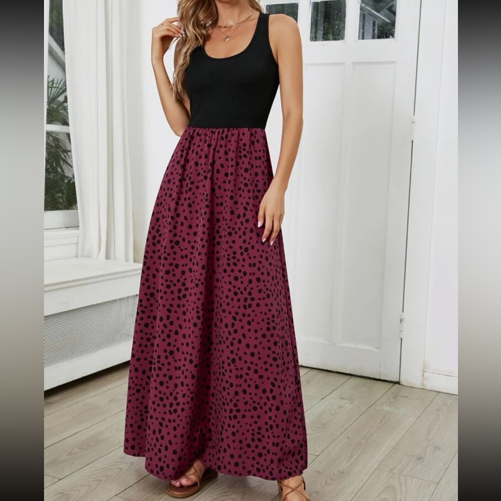 Boho Dalmatian print color block sleeveless maxi dress - Picture 14 of 15
